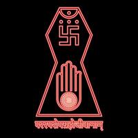 Neon symbol Jainism emblem Jain Prateek Chihna Hand Akhimsa Ahimsa arm religion Dharma Ahinsa Mahavir Jayanti red color style vector