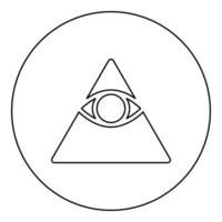 Kao Give all seeing eye in pyramid inside triangle Illuminati symbol Masonic icon in circle round black color outline contour line vector