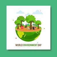 World Environment Day Post with Recycling and Community People Cleaning Garbage at Ground for Healthy and Sustainable Future Illustration. vector