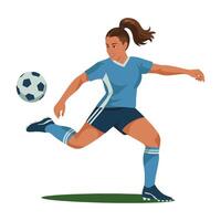 A woman in blue soccer uniform kicking a soccer ball vector