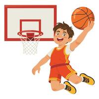 A cartoon boy jumping to dunk a basketball vector