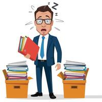 A man in glasses and a suit is standing near a pile of papers vector