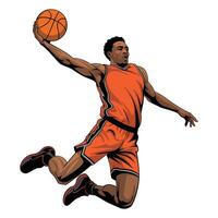Basketball player jumping with ball in air vector