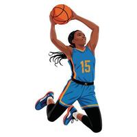 A female basketball player is jumping up to dunk the ball vector
