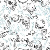 Cranberry lingonberry flying in water splash with ice cubes, drops and green leaves, hand drawn in ink, ripe summer forest berry. Isolated seamless pattern. Patchwork, cafe menu, farmers market vector