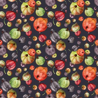 Currant gooseberry, water dew drops, scattered garden berry huckleberry juneberry casseille jostaberry, watercolor hand drawn. Seamless pattern isolated on dark. Background wallpaper, packaging cover