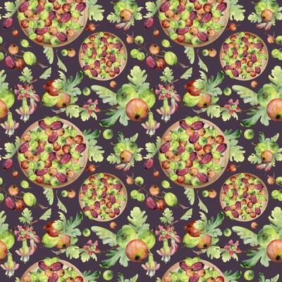 Gooseberry Currant on ceramic dish, scattered huckleberry berries leaves hand drawn in watercolor, ripe picked harvest. Seamless pattern isolated on dark. Cafe menu, cookbook, farmers market grocery