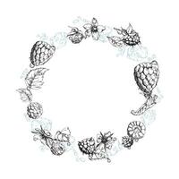 Raspberry berries wreath flying in water splash with leaves, ice cubes, dew drops hand drawn in ink. Ripe garden dewberry cloudberry mulberry. Isolated circle frame. Fresh grocery store, drinks vector