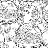 Gooseberry Currant in weaved basket with leaves, hand drawn in ink, scattered ripe picked berry harvest. Isolated seamless pattern. Dessert cafe menu, cookbook, craft farmers market, gardening vector