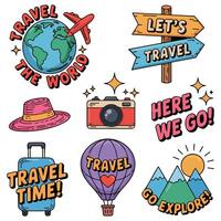 Travel stickers set with a camera, globe, and other items vector