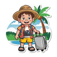A cartoon boy with a suitcase and hat standing in front of a palm tree vector
