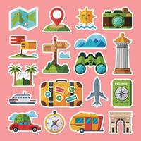 Travel and tourism icons set on pink background vector
