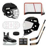 Hockey equipment set, including a hockey helmet, puck, goal, and puck vector