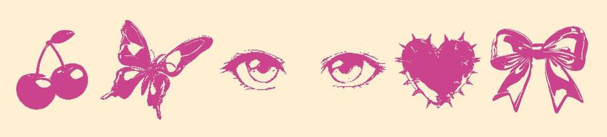 Aesthetic Y2K pixel art set featuring cherries, bows, butterfly, anime eyes, and a thorny heart in pink. Perfect for retro designs, stickers, apparel, and nostalgic digital art. vector