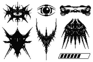 Retro-futuristic pixel art. Cyber sigils with gothic and biomechanical aesthetics. Ideal for sci-fi projects, digital tattoos, techwear graphics, and dystopian designs. vector