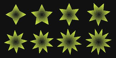 Set of bitmap gradient stars in acid yellow color. Abstract geometric elements with a retro-futuristic vibe, perfect for digital art, posters, backgrounds, and creative projects. vector
