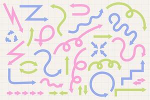Cute abstract arrow set with curved, wavy, and looping paths on a grid background. Perfect for infographics, presentations, creative design, and navigation concepts in modern style. vector