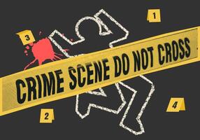 Retro halftone collage of a crime scene with a chalk outline of a body, blood splatter, and a yellow Do Not Cross tape. Ideal for projects related to crime, mystery, and investigation themes. vector