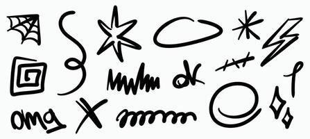 Set of hand drawn graffiti doodles. Includes abstract symbols, scribble, stars, lightning, swirls, and expressive strokes. Perfect for urban design, street art, and social media. vector