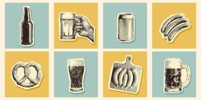 Retro halftone beer elements. Pop art set. Bottles, mugs, can, Bavarian pretzels and sausages. Pixel photocopy effect. Grunge bitmap texture. Perfect for Oktoberfest designs and beer events. vector