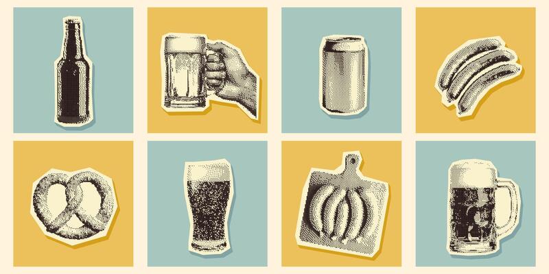 Retro halftone beer elements. Pop art set. Bottles, mugs, can, Bavarian pretzels and sausages. Pixel photocopy effect. Grunge bitmap texture. Perfect for Oktoberfest designs and beer events.