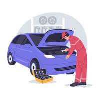 Car Mechanic Repairing Engine in Workshop vector