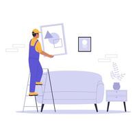 Illustration of a Home Repairman Hanging a Picture Frame on a Ladder vector