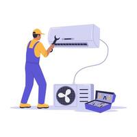 Illustration of a Home Repairman Fixing an Air Conditioner with Toolbox vector