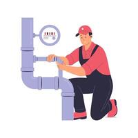 Illustration of a Plumber Fixing Pipes with a Pressure Gauge vector
