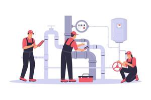 Plumbers Working on Pipes with Toolbox and Pressure Gauge Illustration vector