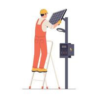 Electrician Installing Solar Panel on Street Light vector