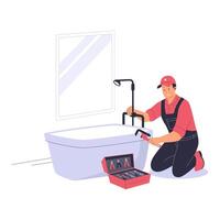 Plumber Fixing Bathtub Illustration with Toolbox vector