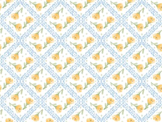 watercolor yellow cosmos flower block seamless pattern background