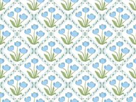 cute blue tulip flower block print seamless pattern background vector