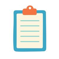 Flat cartoon illustration of clipboard with a document. School or office stationery element. vector