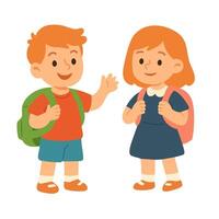 WebCartoon children with backpacks standing together. Smiling boy and girl in flat style. vector