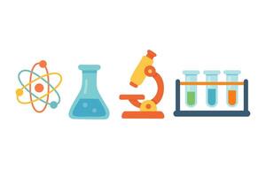 Cartoon science equipment set with microscope, atom, flasks and test tubes. Flat illustration for education. vector