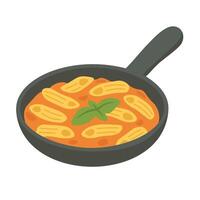 Cartoon frying pan with penne pasta in tomato sauce and basil, isolated, flat food style. vector