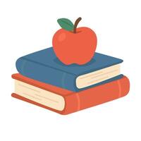 Two stacked books with a red apple on top. Cute flat cartoon illustration for school, teacher, or learning concepts. vector