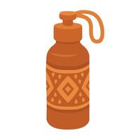 Flat cartoon water bottle with ethnic pattern and handle. Useful hydration item for yoga and fitness practice. vector