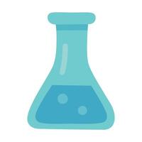 Cartoon style lab flask with blue liquid inside. flat doodle isolated science illustration. vector