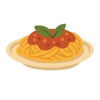Delicious cartoon plate of spaghetti with tomato sauce and basil, isolated, flat food style. vector