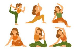 Set of girls in relaxing yoga positions with soft flat cartoon style and warm colors. vector