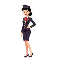 illustration of a smiling female flight attendant in uniform. Elegant airline stewardess character in formal outfit, standing and posing vector