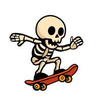 Cartoon skeleton riding skateboard. Funny Halloween character doing skateboard trick. Cool spooky skeleton in action pose, isolated on white background vector