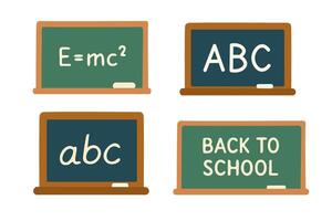 Cartoon school board set with chalk writings alphabet, formula, and back to school message. Flat clipart. vector