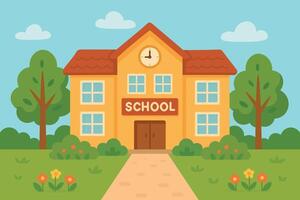 Cute cartoon school building with clock, trees, bushes and flowers in front. Flat illustration. vector