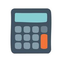 Cute dark gray calculator with blue screen and round buttons in flat cartoon style. Simple math device for school or office use, isolated on white. vector