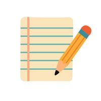 Flat cartoon of a lined notebook page with a pencil. Writing or studying concept element. vector