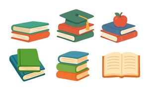 Flat cartoon style book set with stacked, open books and school symbols. illustration for education. vector